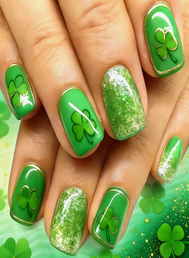 OSTTMA 24Pcs St. Patrick's Day Press on Nails Short Square Fake Nails Green Shamrock False Nail with Glitter Clover Shamrocks Glue on Nail Reusable Acrylic Stick on Nails for Women DIY Manicure - Image 1